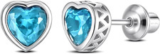 Heart Birthstone Earrings with Screw Backs Hypoallergenic Sterling Silver Stud