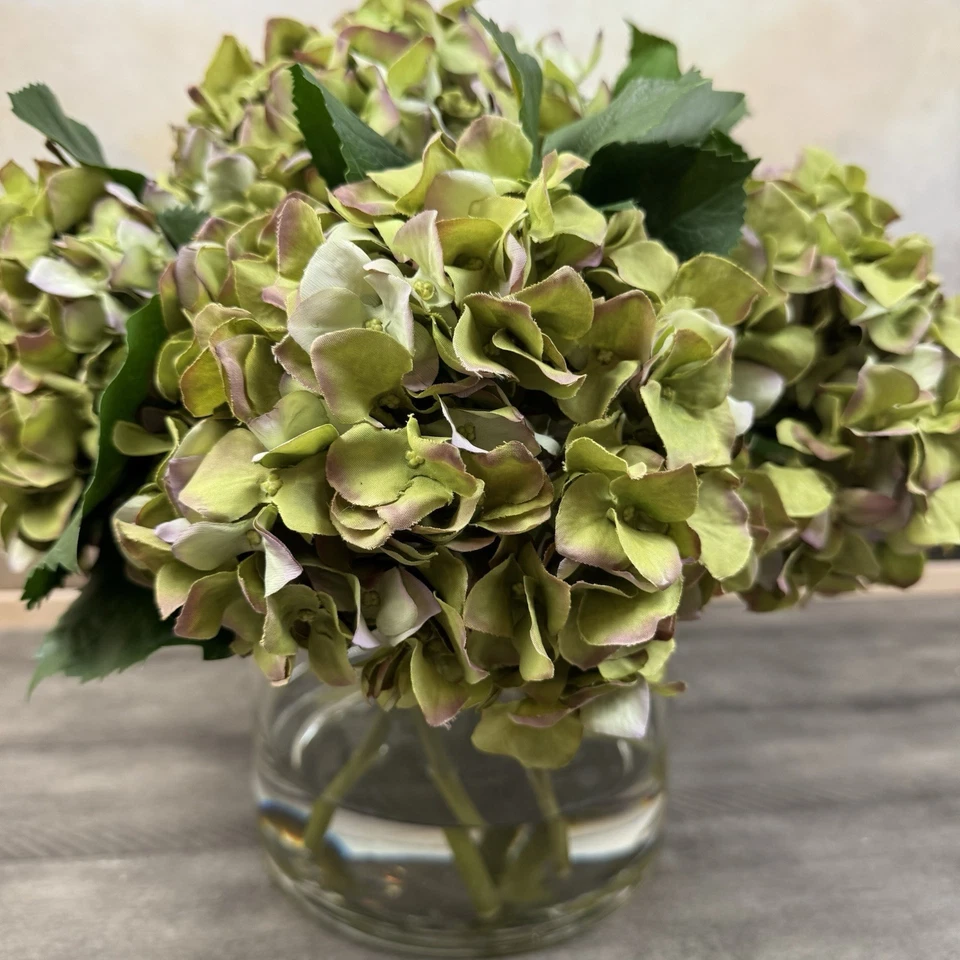 Florero Pottery Barn imitación verde hortensia en vidrio transparente arreglo floral nuevo sin caja Foto 3 de 4