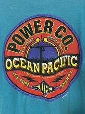 Rare Vintage OCEAN PACIFIC Power Co Surf USA 1993 Spell Out T Shirt 90s Blue