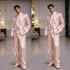Pink Satin Men's Suits Double-Breasted Wedding Groomsmen Tuxedo Fashion 2 Pieces