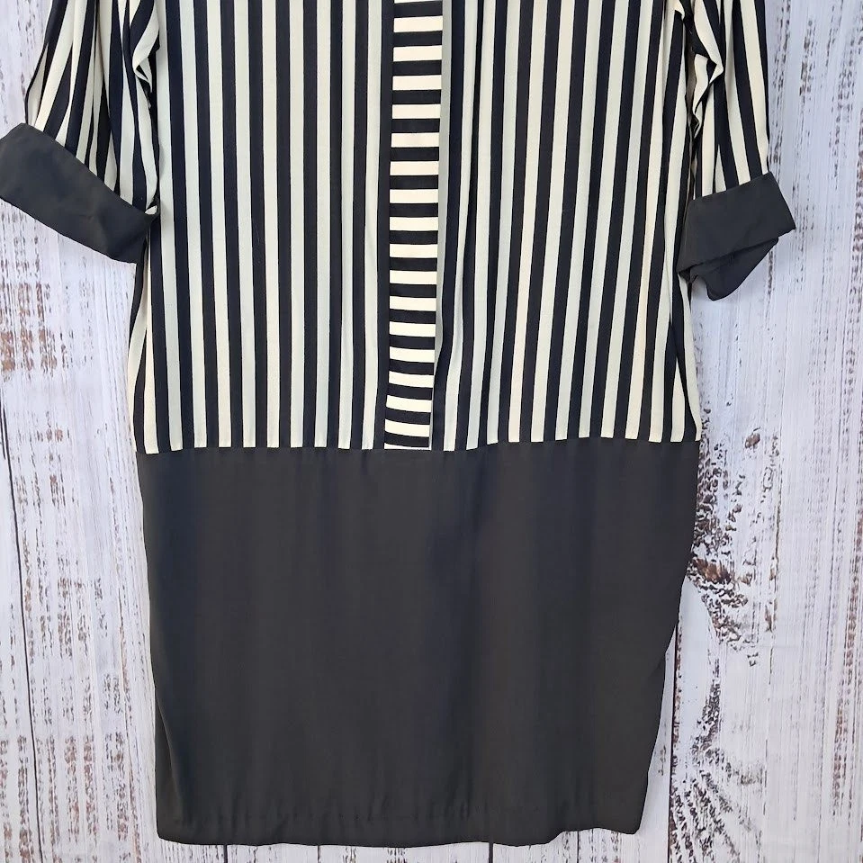 Vestido Camisa Vintage Años 80 JOHN ROBERTS 11/12 Negro Marfil Rayas Midi Manga Larga Foto 4 de 4