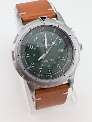 Columbia Men's Watch 38mm Case Green Dial Brown Leather Band- New Battery