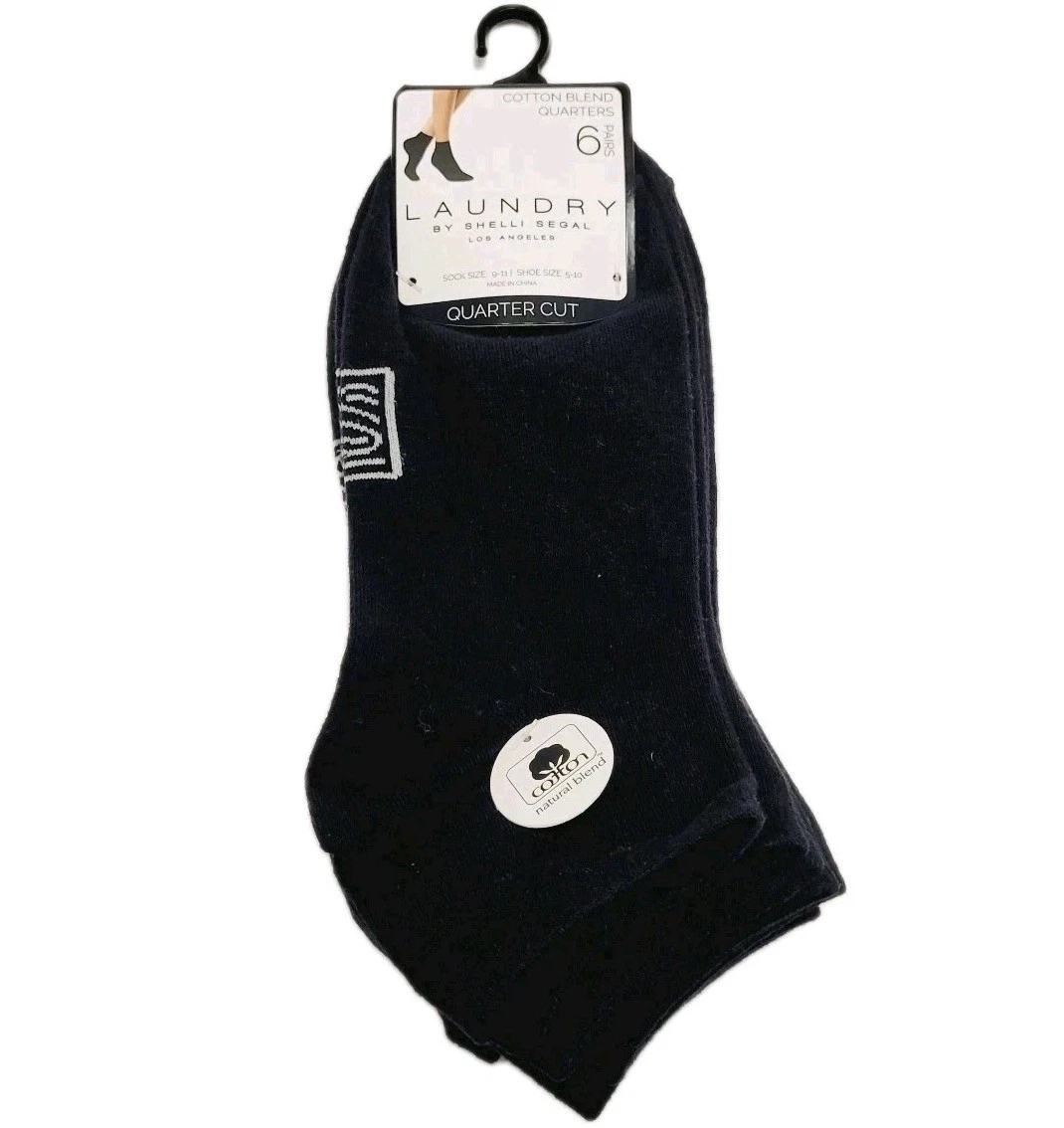 LAUNDRY BY SHELLI SEGAL 6 Pack Quarter Socks Solid Black Cotton Sock Size 9-11