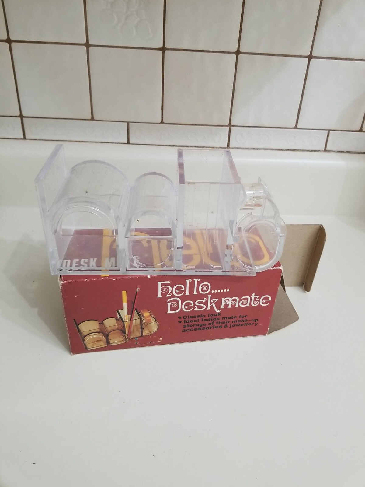 Vintage Mid Century HELLO Desk Caddy Organizer Pen Holder Tubes Acrylic Plastic