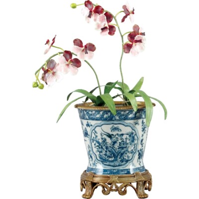 NEW BLUE BIRD FLORAL PORCELAIN PLANTER WITH HEAVY BRONZE ORMOLU BASE 10'' TALL