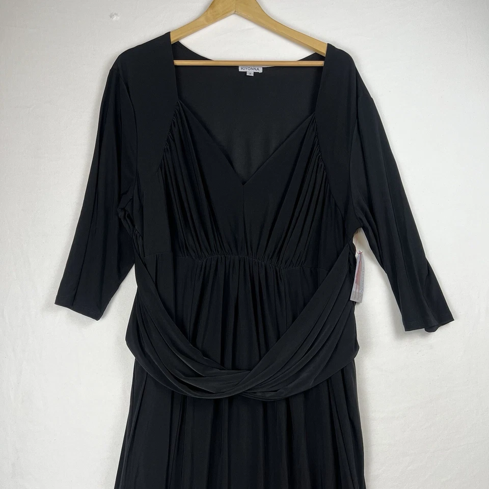 Vestido feminino Kiyonna 3XL preto malha maxi drapeada cintura gola V elástico manga 3/4 - Imagem 3 de 4
