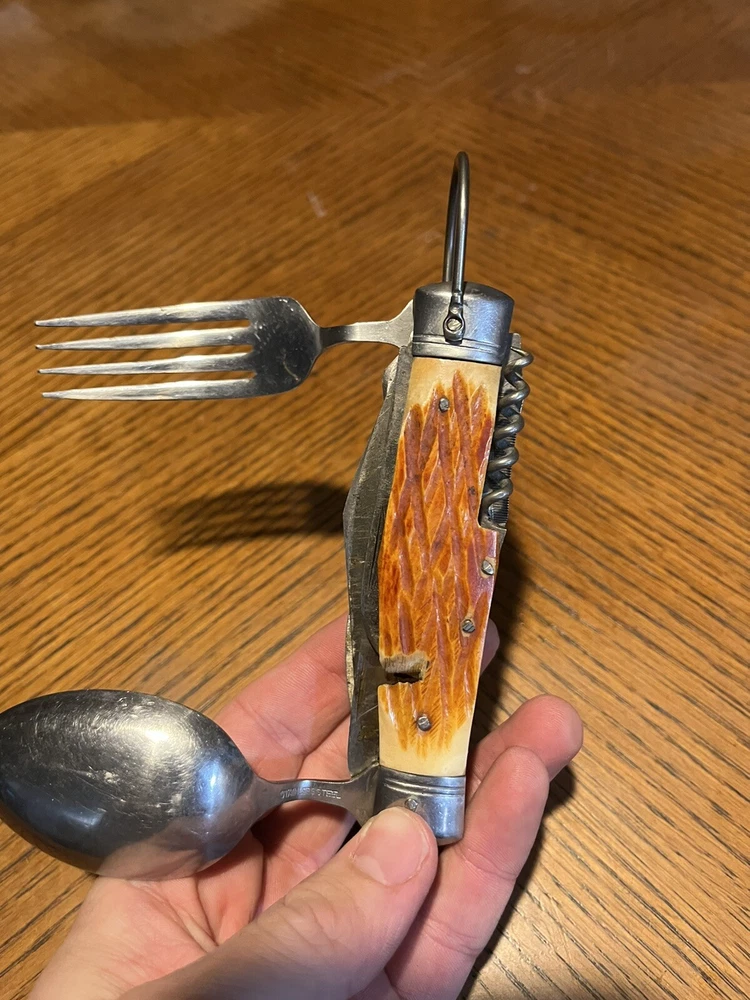 Vintage Stainless Steel Multi-Tool with Fork Spoon Knife Scissors Opener  