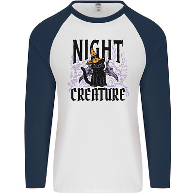 Halloween Katze Nacht Kreatur Hexe Herren L/S Baseball T-Shirt