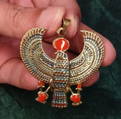 Ancient Egyptian Heritage Gold Plated Red Horus Bird Necklace, Luxurious Touch