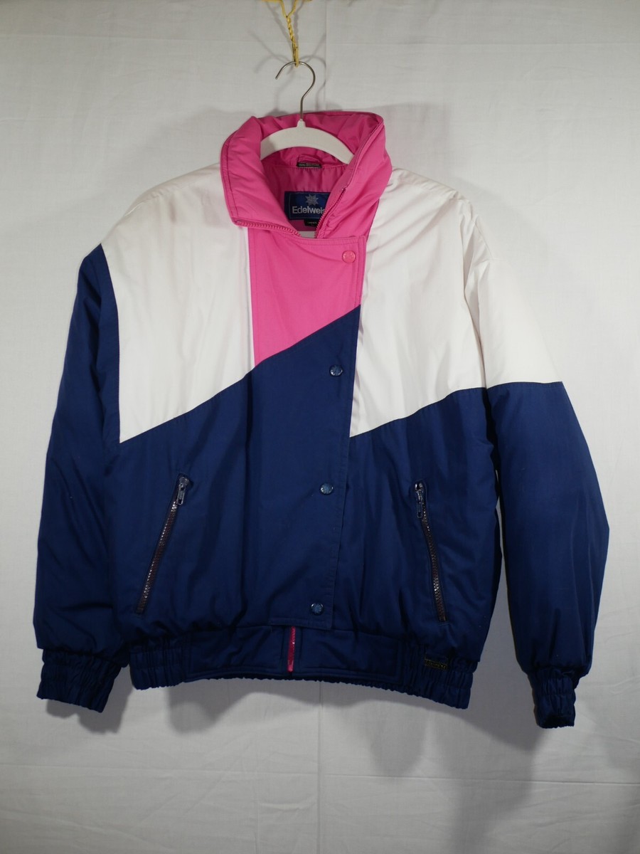 Vtg 80s 90s Ski Jacket EDELWEISS Coat RETRO Pink Blue White Large 