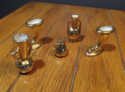 Miniature 5 Piece Set-Lot of Vintage Gold-Gilt Vases-Ewers-Cornucopia