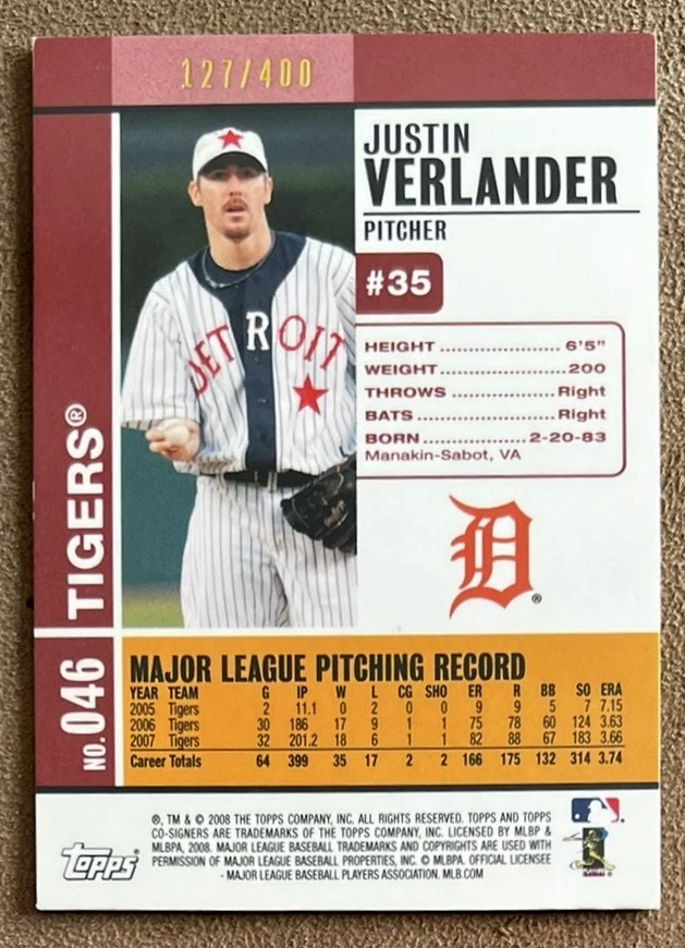 2008 Topps Cofirmantes Lámina Roja Plateada/400 Justin Verlander/Jeremy Bonderman #46 Foto 2 de 3