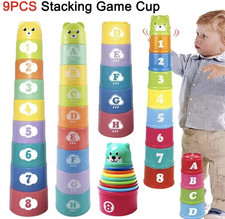 9PCS Baby Stacking Cups Toy Set Alphabet Numbers Animals, Multicolor 12M