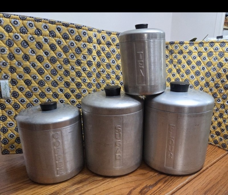 VTG 4 PC 1950s Spun Aluminum MCM Kitchen Canister Set Flour Sugar Coffee Tea