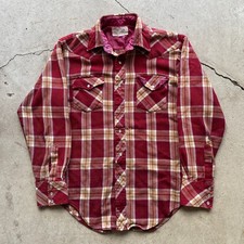 1960s/70s Vintage Pearl Snap Faded Red Plaid Flannel Shirt Size L