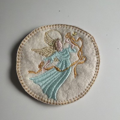 Embroidered Angel Patch Blue Dress Horn Suede Back Small Christmas 3'' Wide Gold