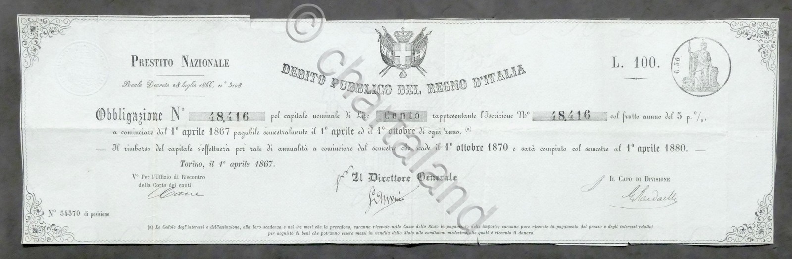 Debito Pubblico Regno d'Italia Prestito Nazionale - Obbligazione Lire 100 - 1867