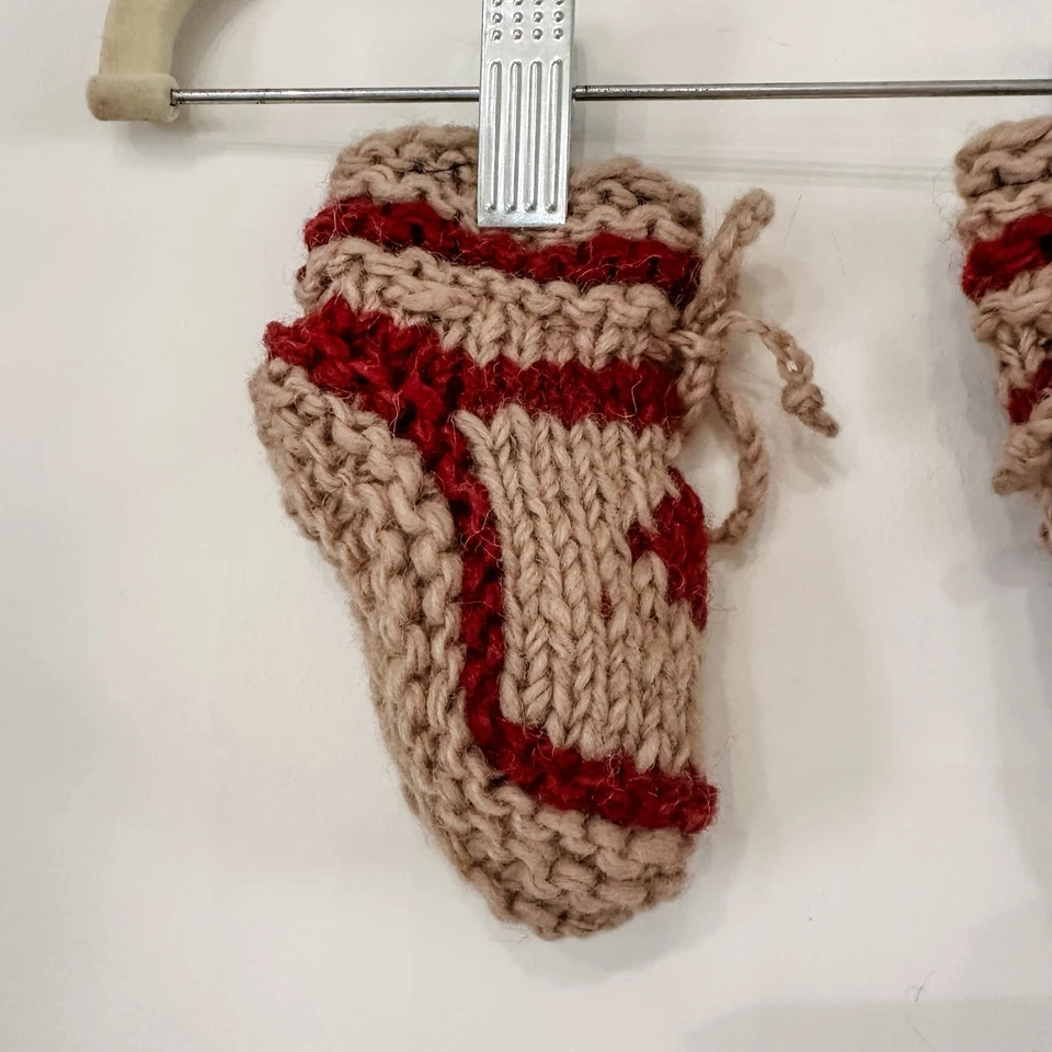 Knit Baby Booties 6-12 Mos Beige Burgundy Maple Leaf Lined Booties Handmade Wool - Image 4 of 4