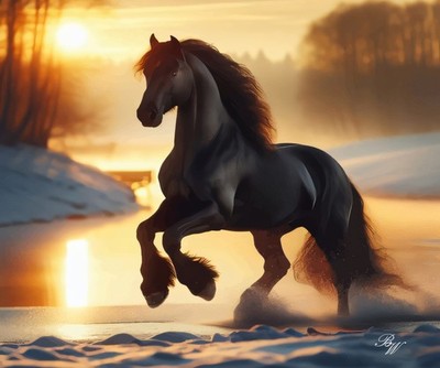Beautiful Black Stallion Trotting in The Snow