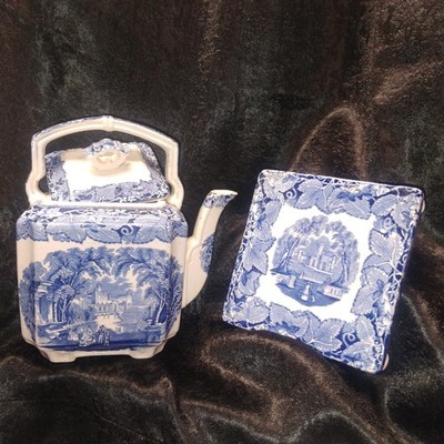 Antique Mason's Vista Blue White Kettle Teapot & Lid W/ Original 6x6in. Trivet 