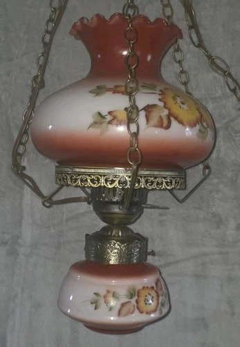 Vintage 1970s Gone with the Wind Hurricane Hanging Swag Lamp Milk Glass Floral