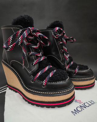 Moncler womens Zelie boots, black leather/shearling, wedge platform, size 36...