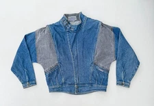 Vintage Jordache Denim Jacket Color Block Trucker Bat Wings Medium Buckle Neck