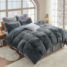 3-Piece Fluffy Duvet Cover Queen, Ultra Soft Faux Fur and Velvet Grey Comfort...