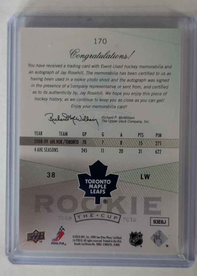 2009-10 Upper Deck The Cup /249 Jay Rosehill #170 RPA Rookie Patch Auto RC - Image 2 of 2