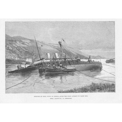HMS HOWE Stellung bei Ferrol nach dem 1. Versuch, sie aufzuziehen - Antikdruck 1893