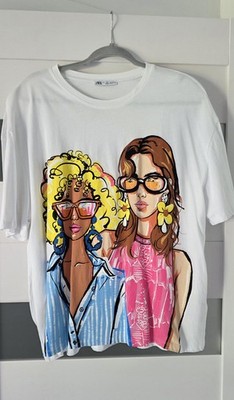 ZARA Womens Graphic T Shirt Size Large L White Cotton Hardly Worn! EUC!