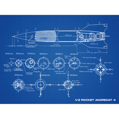 V-2 Rocket Aggregat 4 Ballistic Missile Blueprint Plan Leinwand Wandbild Kunstdruck