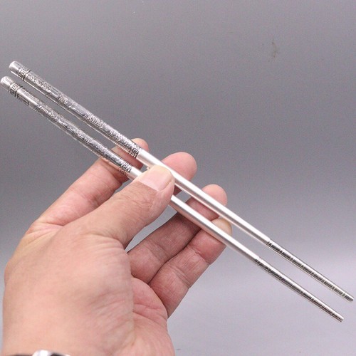 Palillos de plata real 999 vajilla para el hogar grabado palillos dobles dragón 8,7"" - Imagen 4 de 4