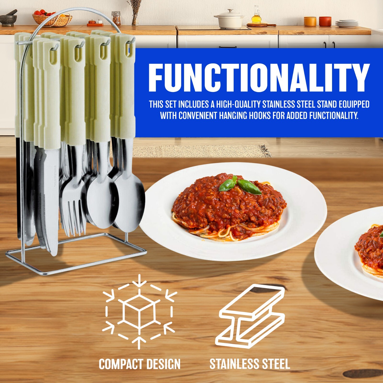 NEW 24PC CUTLERY DINNER SET STAINLESS STEEL METAL STAND RACK FORKS TEA ...