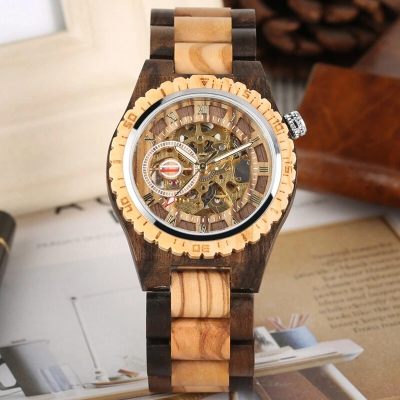 Luxury Mens Watch Automatic Mechanical Wooden Watch Roman Numerals Display reloj - image 2 of 4