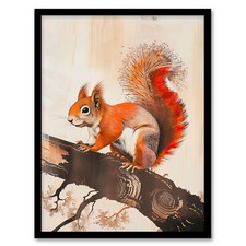 Red Squirrel on Tree Branch Painting Drawing Wall Art Poster Print