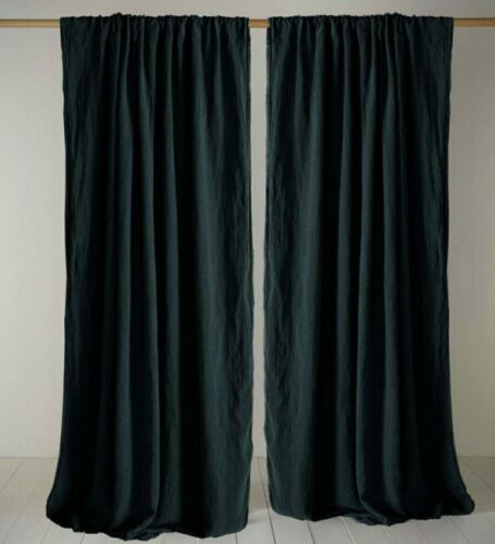 Cotton Emerald Green Curtain Window Drape Stone Washed Soft Curtain Two Panels - Picture 1 of 7