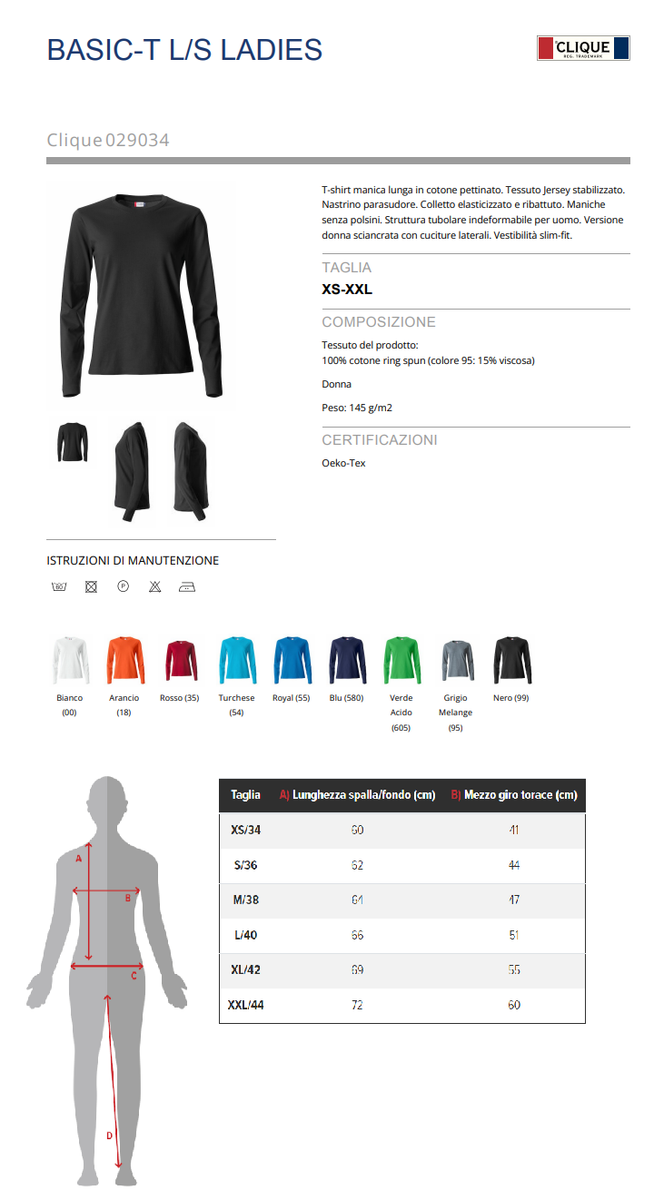 CLIQUE T-shirt BASIC-T L/S WOMAN da Donna 100% Cotone Slim Fit a Manica