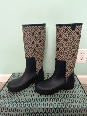 Tory Burch T Monogram Hurricane Tall Boots   Perfect Navy   Size 8   NIB