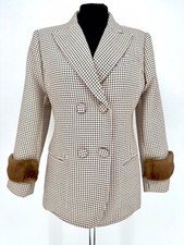 Fendi Beige Giacca Check Double Breasted Jacket/blazer With Mink Cuffs 8uk