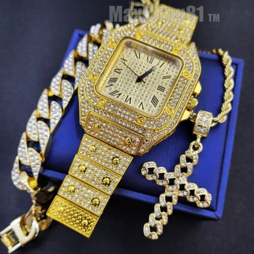 ICED GOLD PLATED LUXURY SQUARE WATCH & BLING CUBAN BRACELET & CROSS NECKLACE SET - Picture 1 of 24