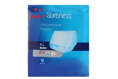 4x pack 9 Sureness Absorbent Pants Total 36 - Size XL (Extra Large) Kind to skin