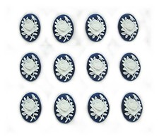 12 (6 Pairs) White ROSE on NAVY BLUE 18mm x 13mm Roses Costume Jewelry CAMEOS