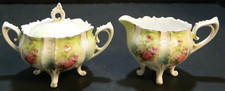 Antique RS Prussia Green White Striped HP Floral Creamer Sugar Bowl Excel