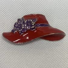 Vtg Red Hat Society Brooch Or Pendant Shiny Enamel Purple Flower Silver Tone 2”L