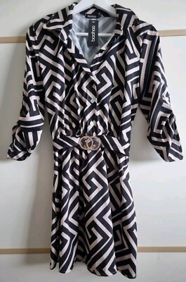Boohoo Geo Print Belted Shirt Dress Size 8 BNWT Black | eBay UK