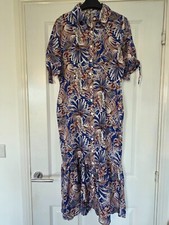 NEW FAVORI BLUE BROWN TROPICAL PALM PRINT BUTTON FRONT COLLARED MIDI TEA DRESS S