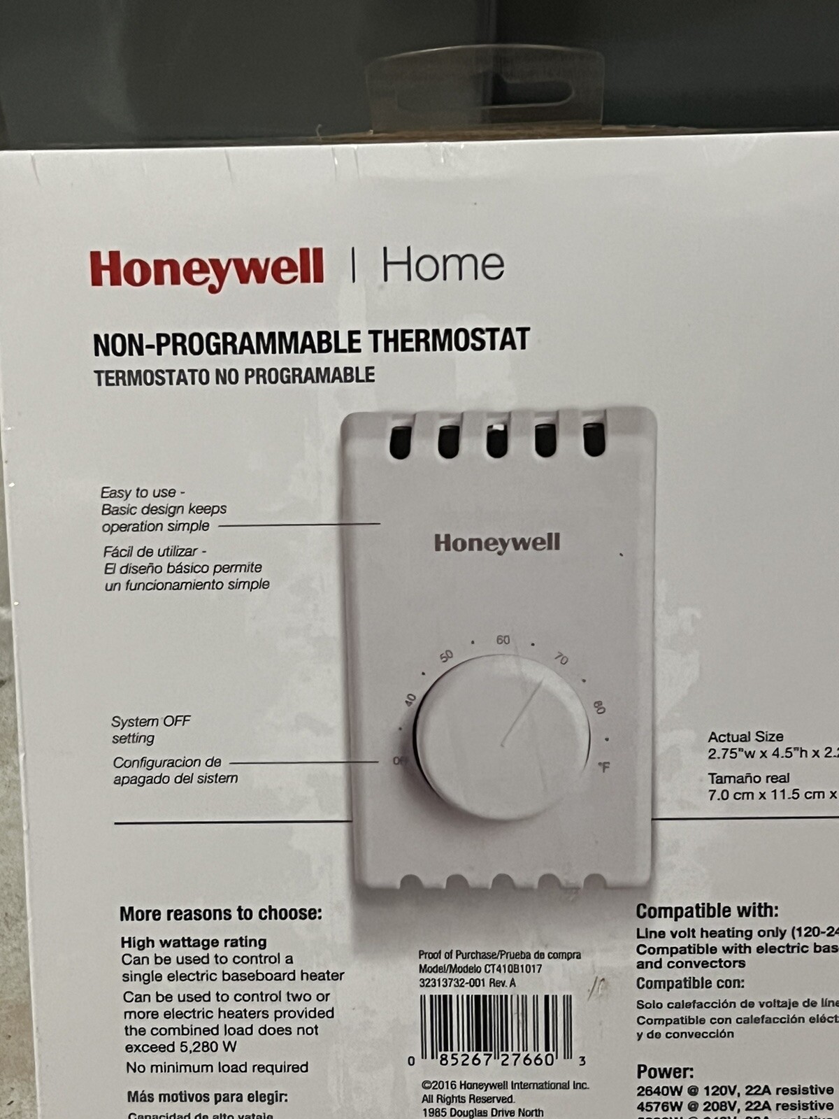Honeywell Non Programmable Electric Heat Thermostat 4 Wire CT410B1017