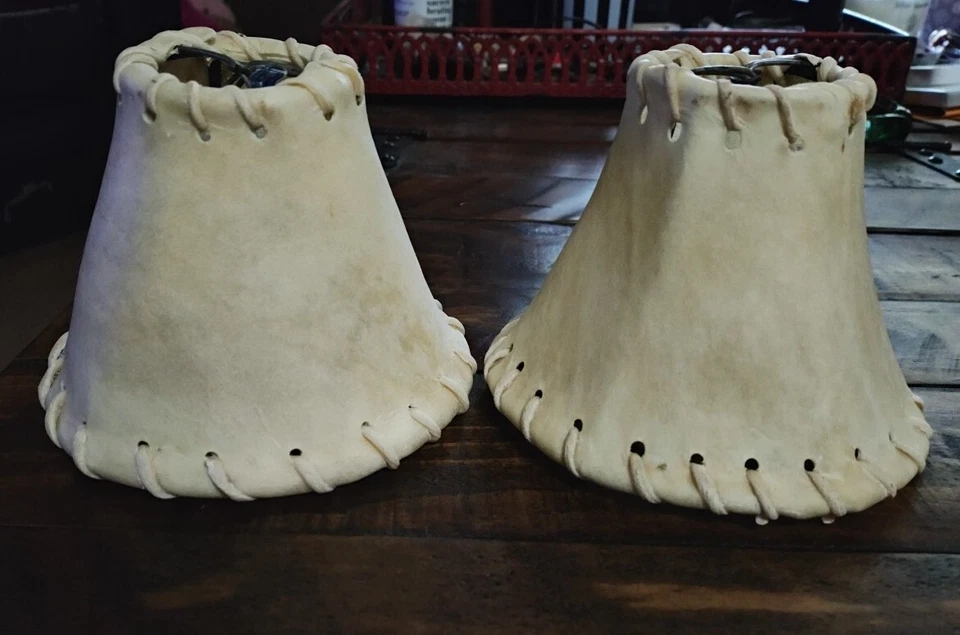 Vintage Rustic Rawhide Leather Stitch Sconce Chandelier Lamp Clip Shades Mexico - Image 4 of 4