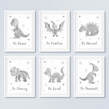 Grey Dinosaur Wall Art Posters Prints Children's Boys Bedroom Nursery Pictures